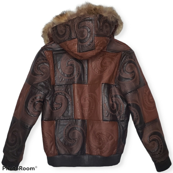 Bubble Well Women's Leather Embossed Fur Jacket Hoodie Medium - Picture 3 of 16